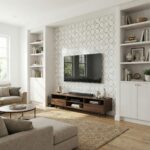 Neutral beige textured wall tile behind TV.