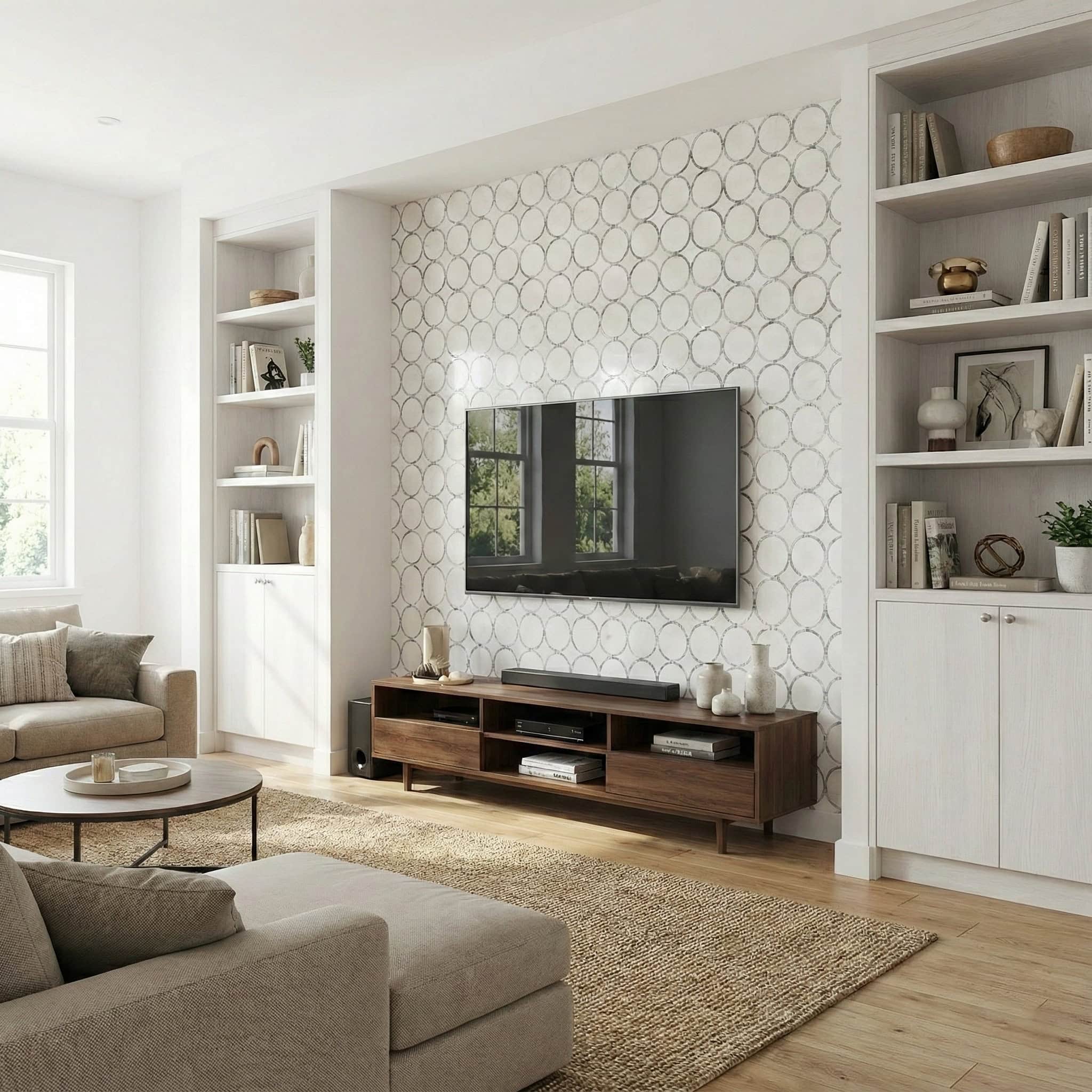 Neutral beige textured wall tile behind TV.