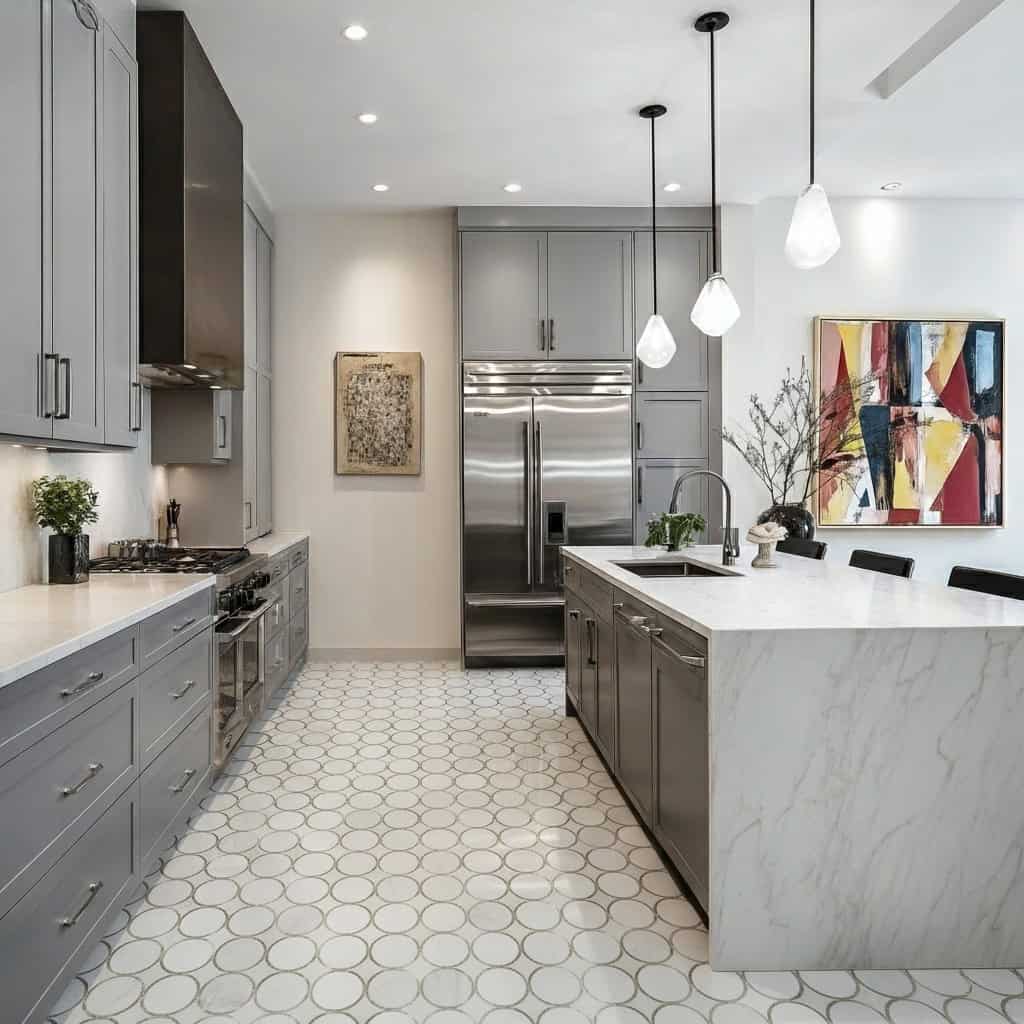 Light gray hexagonal tiles with a matte finish, textured surface, in a modern kitchen setting.