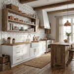 White textured tiles with copper accents in a rustic kitchen, featuring a wooden shelf and modern appliances.
