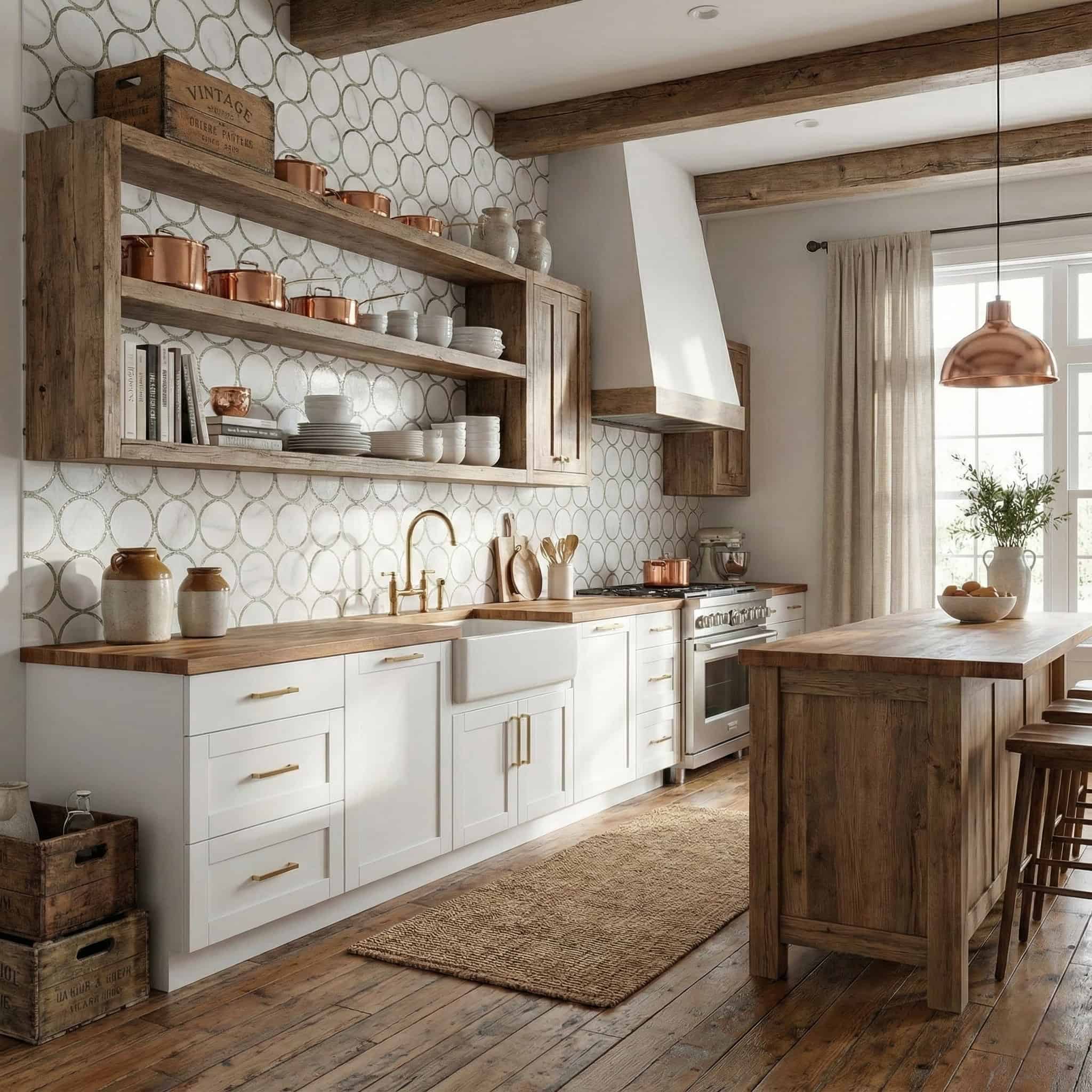 White textured tiles with copper accents in a rustic kitchen, featuring a wooden shelf and modern appliances.