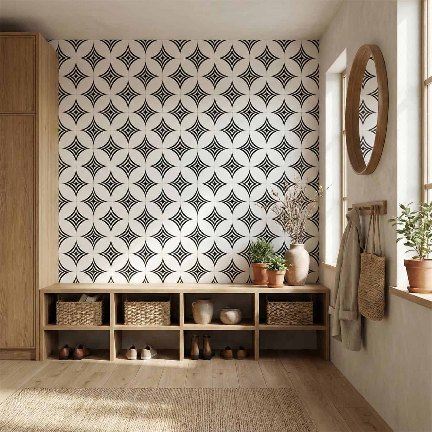 Patterned black and white ceramic tile wall.
