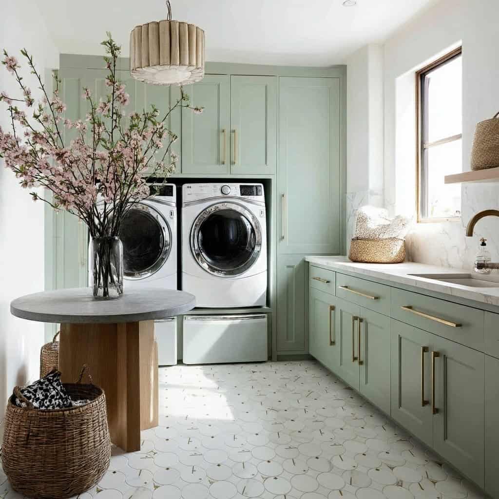 Bright mint green cabinets with smooth texture and gold handles, complemented by white hexagonal tiled flooring.