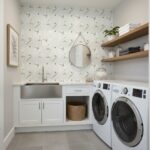 Describe tile color, texture, and pattern: White geometric patterned tiles with gold accents, smooth texture, and contemporar.