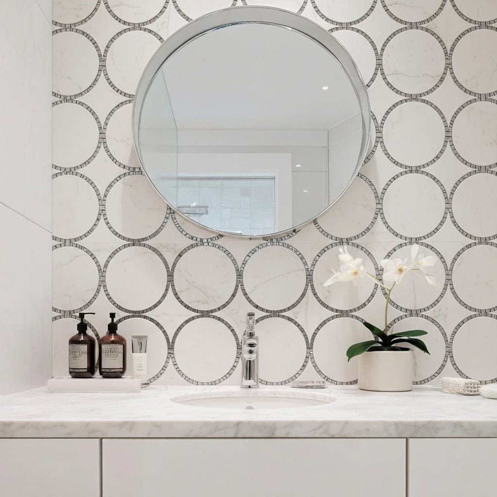 White wall tiles with black circular patterns, smooth texture, modern design.