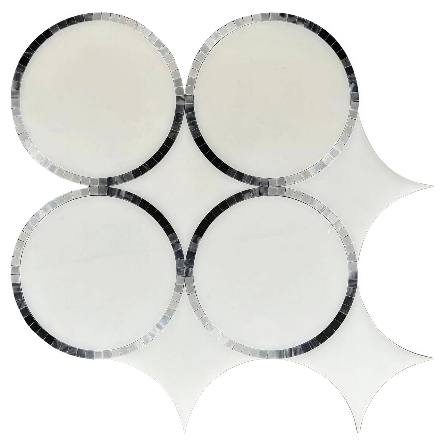 A decorative mirror mosaic featuring white tiles with black mosaic borders, arranged in a circular pattern with star-shaped a.