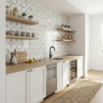 White geometric patterned ceramic tile with a matte finish.