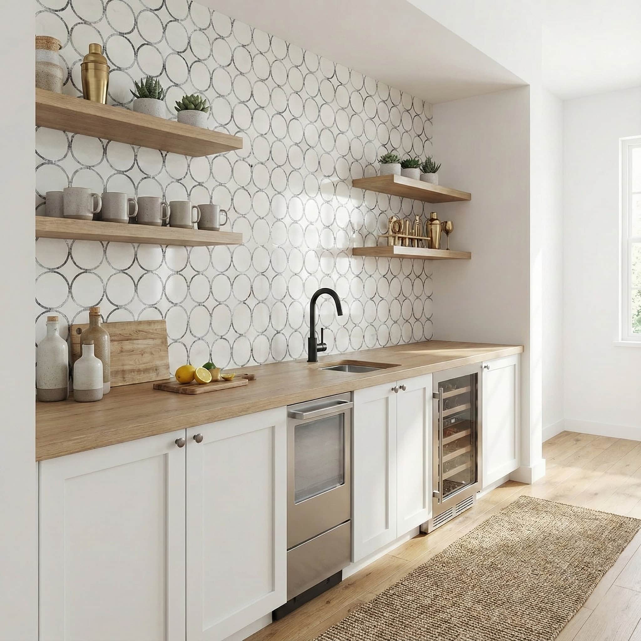 White geometric patterned ceramic tile with a matte finish.