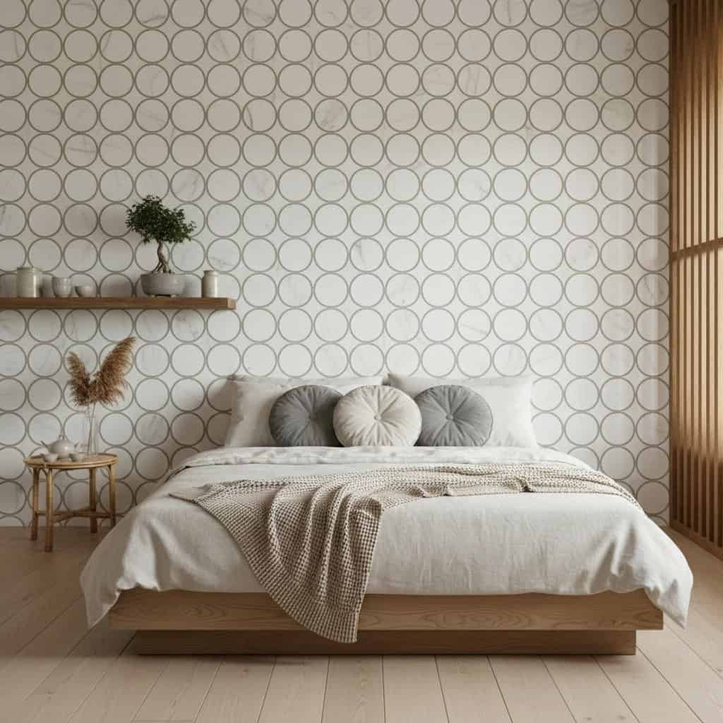 A bedroom featuring white wallpaper with a subtle circular geometric pattern, complemented by neutral-toned bedding and woode.
