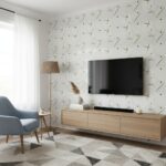Neutral-toned geometric patterned wallpaper with subtle gold accents, textured finish, and contemporary style.