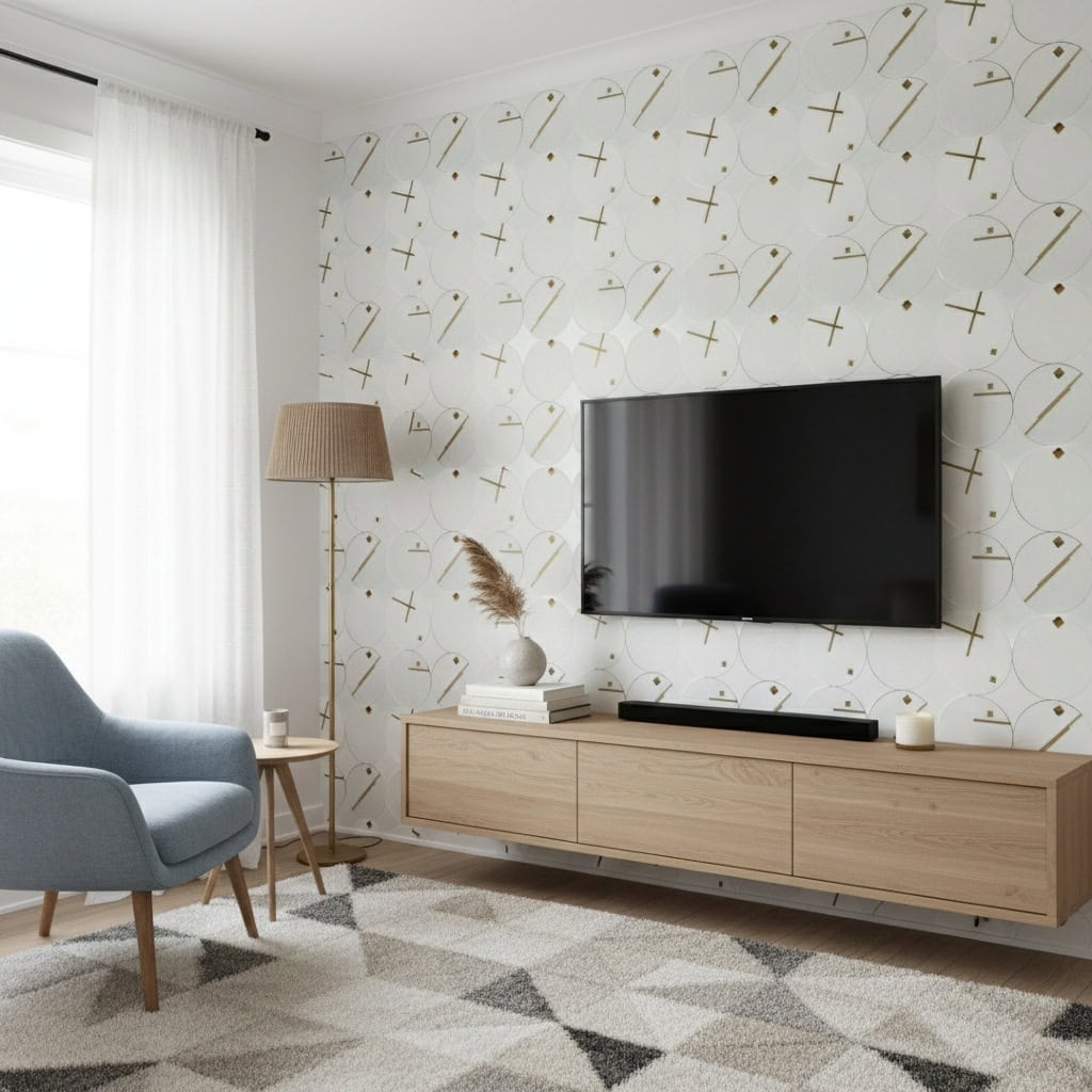 Neutral-toned geometric patterned wallpaper with subtle gold accents, textured finish, and contemporary style.