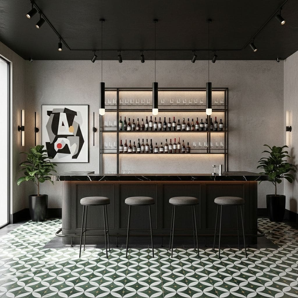 Contemporary bar interior featuring black furniture, geometric patterned tiles, and sleek shelving with bottles, complemented.