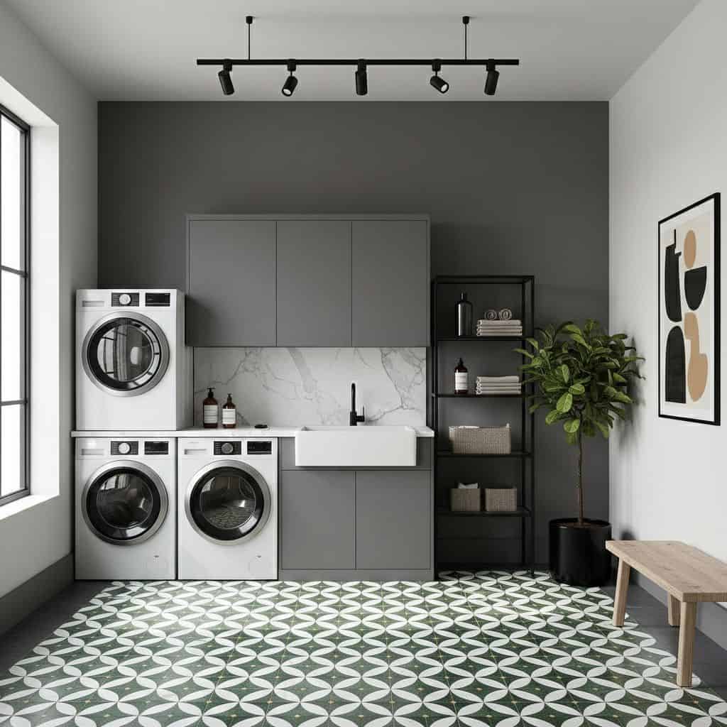 Bright laundry room with green and white geometric patterned tiles, gray cabinetry, black shelving, and a potted plant for a.