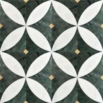 White and dark green marble tile with a floral geometric pattern, smooth texture, and polished finish.