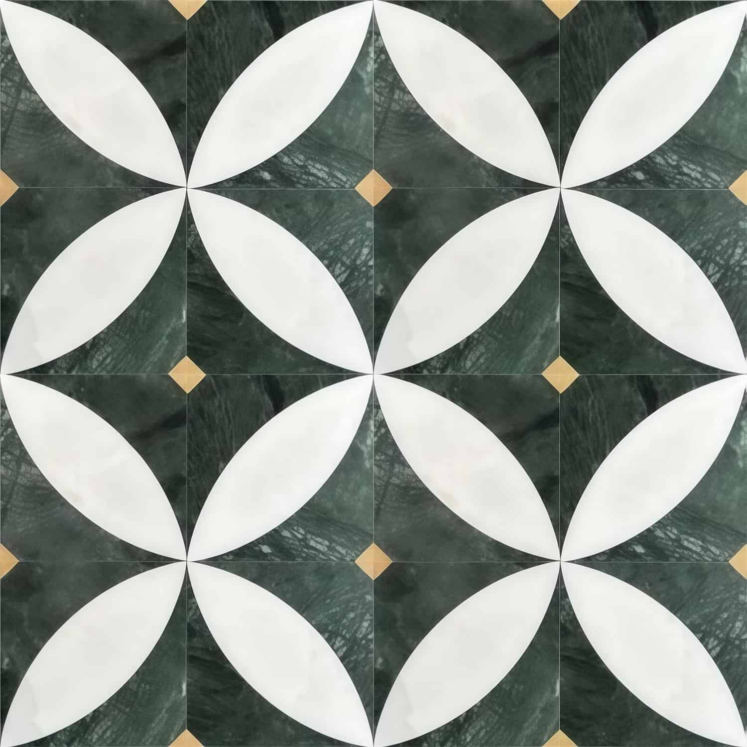 White and dark green marble tile with a floral geometric pattern, smooth texture, and polished finish.