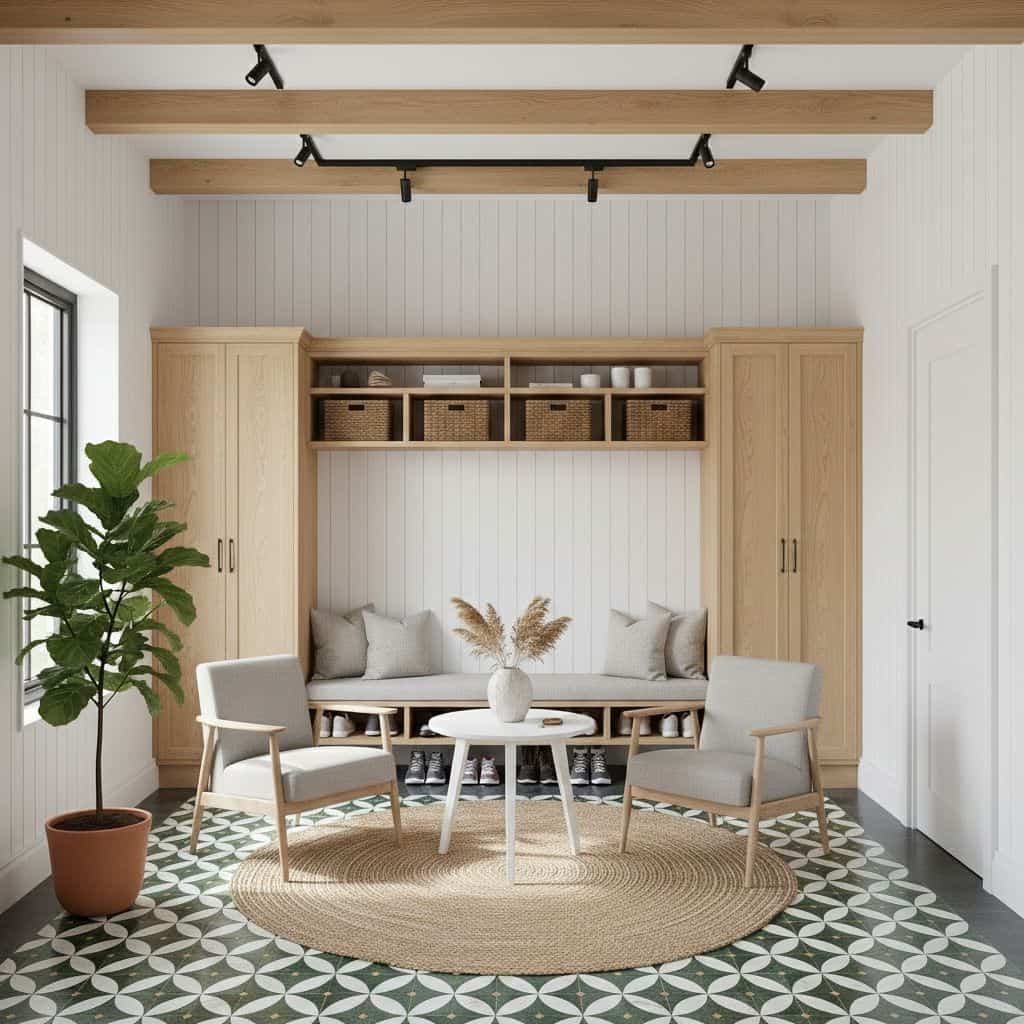 Bright, patterned floor tiles with green and white geometric design, complemented by light wood furniture and neutral decor f.