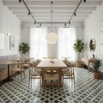 Bright, airy dining space featuring white walls, large windows, and a patterned black-and-white tile floor. Wooden furniture.