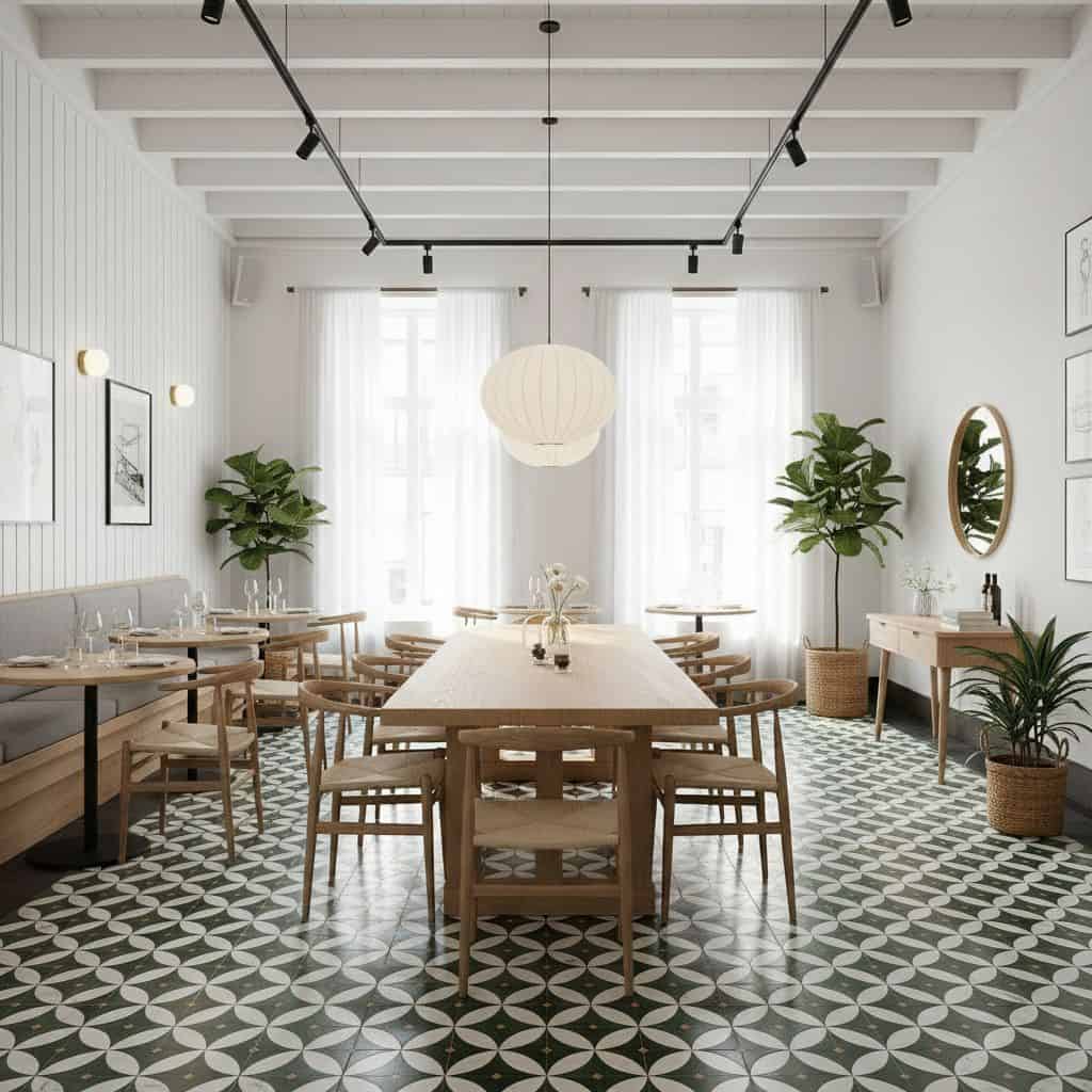 Bright, airy dining space featuring white walls, large windows, and a patterned black-and-white tile floor. Wooden furniture.