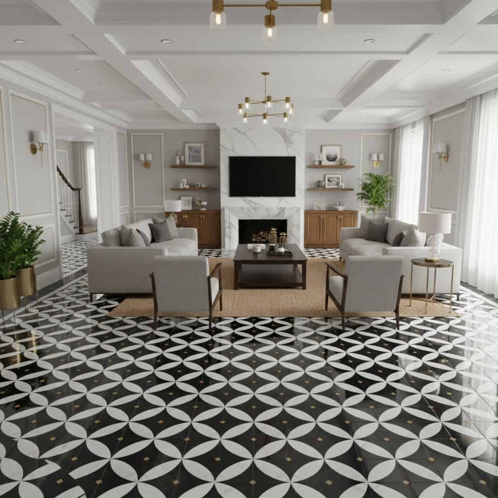 Stylish living room with black and white geometric patterned tiles, cozy seating, and elegant decor.