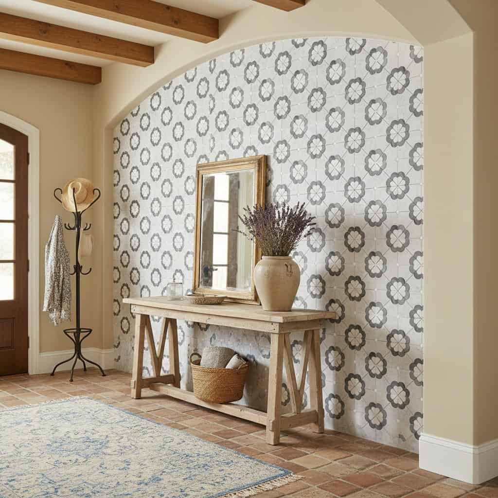 Decorative floral patterned wall tile in neutral tones with textured surface.