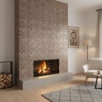 Mother of pearl shell tile fireplace with a modern design and warm ambiance. Perfect for adding elegance and texture to conte.
