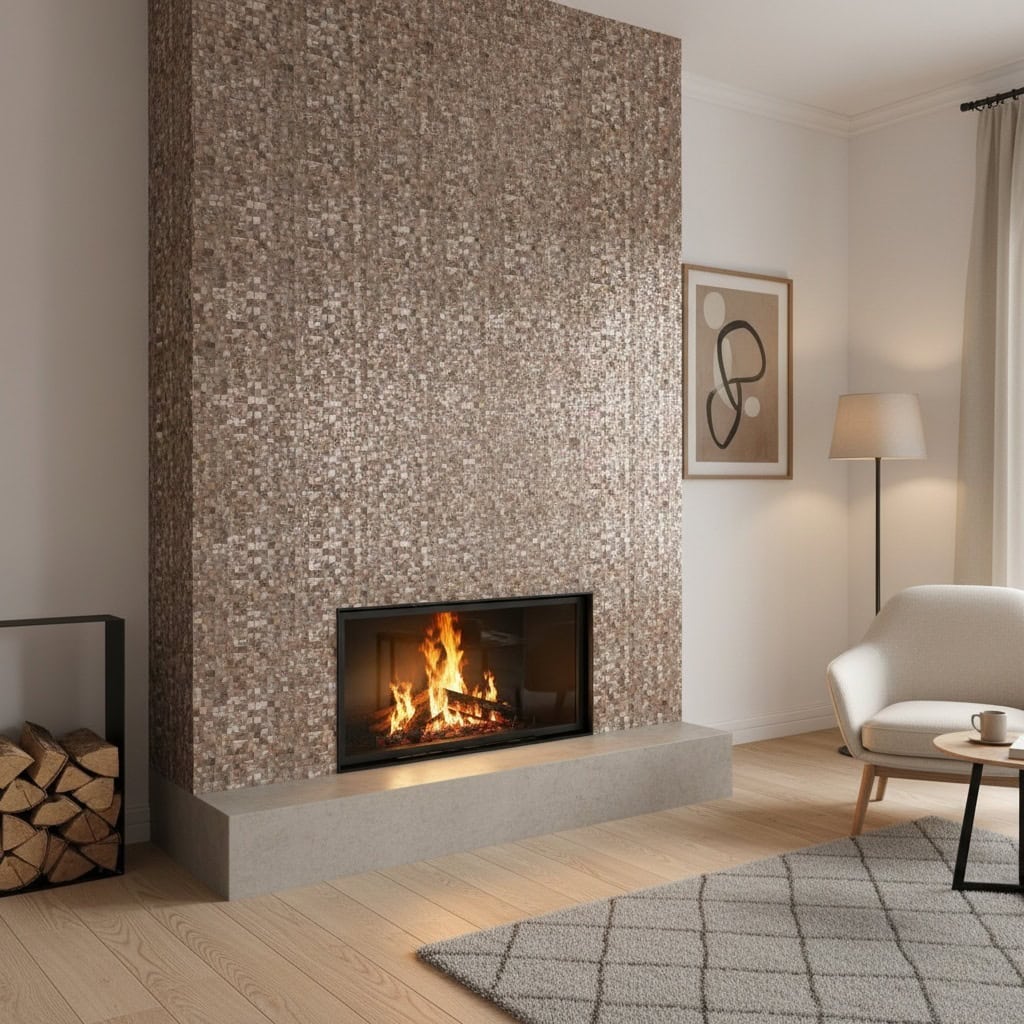 Mother of pearl shell tile fireplace with a modern design and warm ambiance. Perfect for adding elegance and texture to conte.