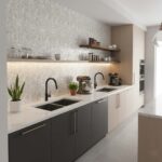 Kitchen wall with mother of pearl shell tile backsplash, modern design with black and white cabinetry.
