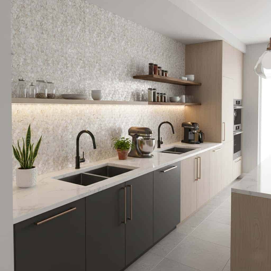 Kitchen wall with mother of pearl shell tile backsplash, modern design with black and white cabinetry.