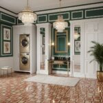 Green and gold patterned wall tiles with textured finish, paired with intricate patterned terracotta floor tiles.