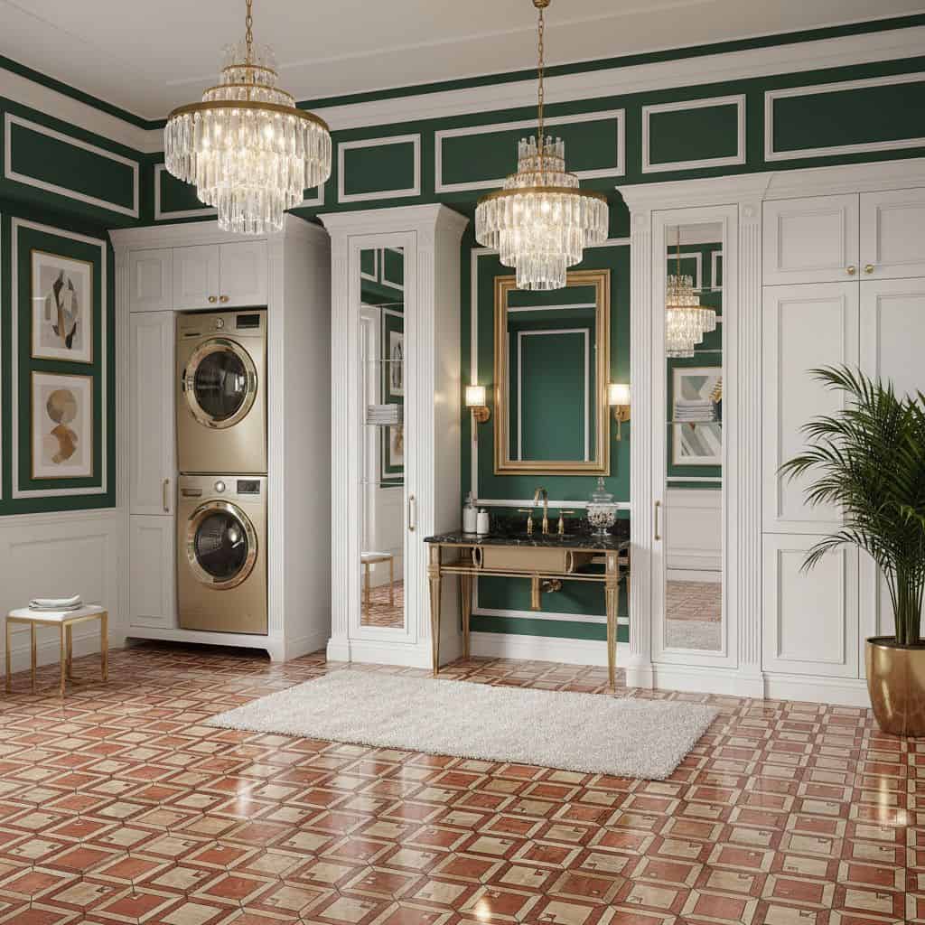 Green and gold patterned wall tiles with textured finish, paired with intricate patterned terracotta floor tiles.