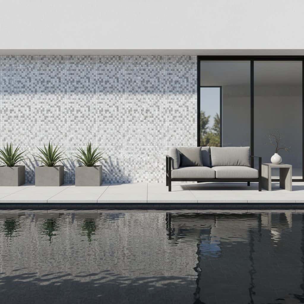 A modern outdoor space featuring a glass tile backsplash, pool, and stylish seating area with a minimalist aesthetic.