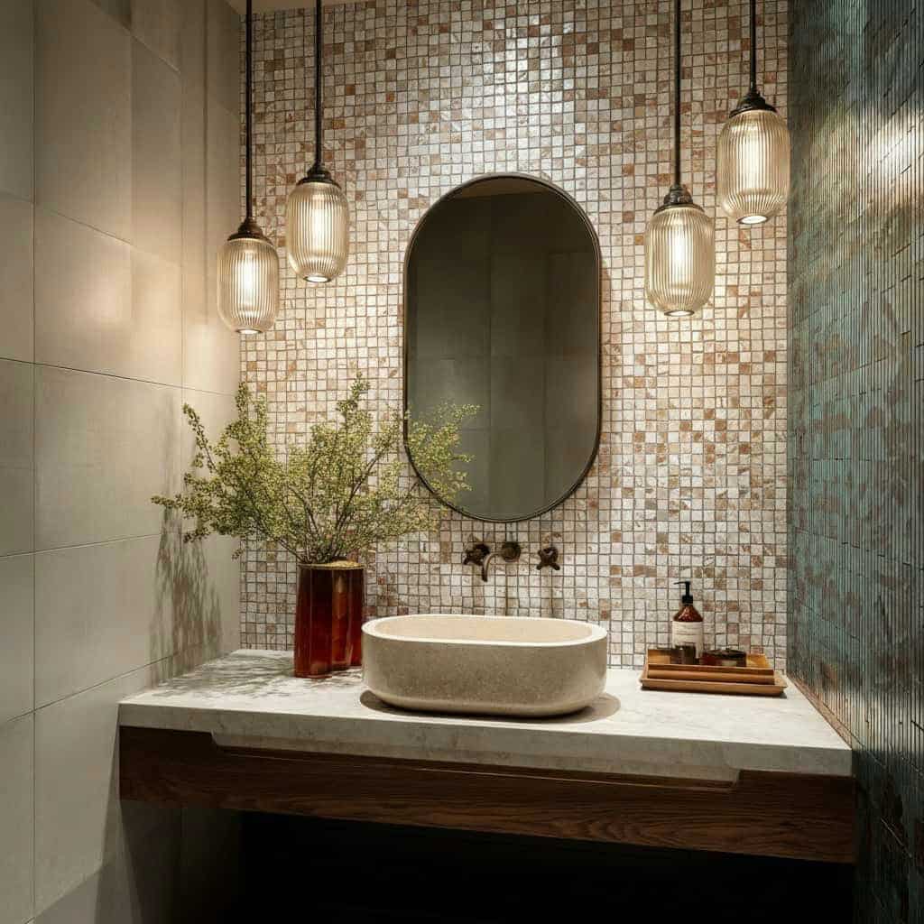 Elegant bathroom vanity with shell tile backsplash, oval mirror, and modern lighting fixtures.