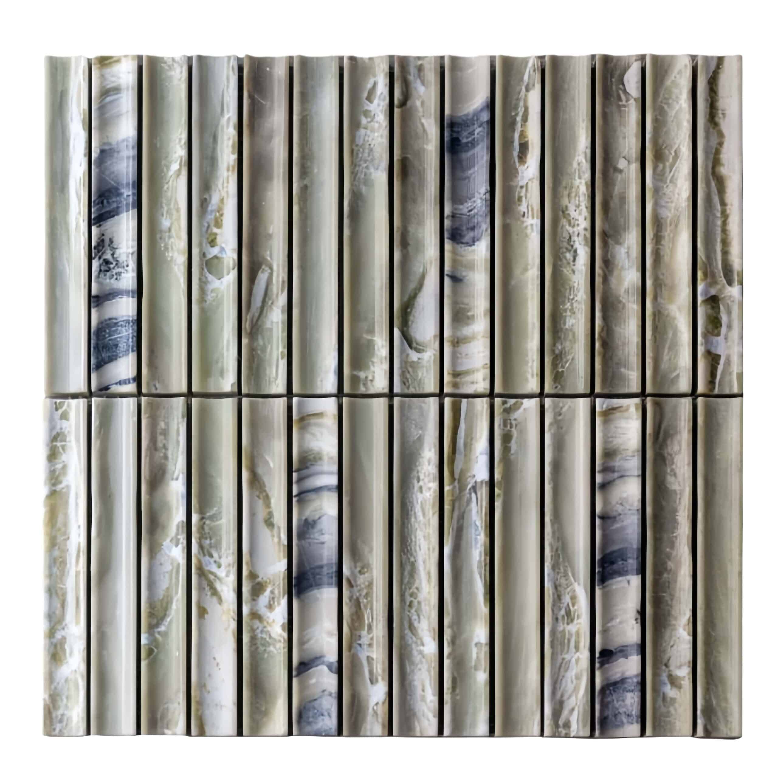 Marble tile featuring a mix of white, beige, and blue veins, smooth texture, polished finish, suitable for elegant interior s.