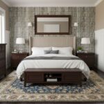 Gray textured tile wall behind bed with subtle vertical lines.