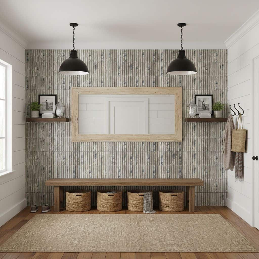 Bright, textured tile wall with neutral tones, wooden accents, and decorative shelves in a cozy entryway.