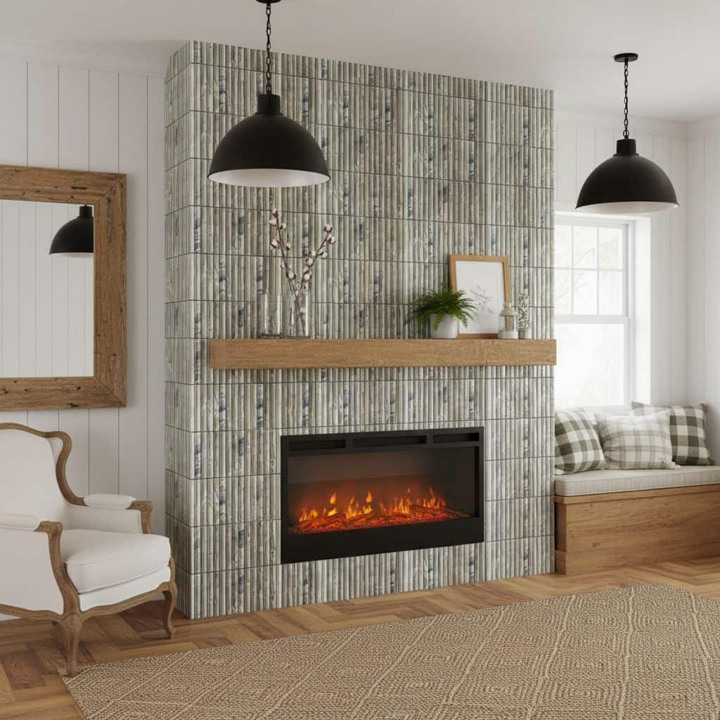 Gray textured tile fireplace with a sleek electric insert, wooden mantel, and cozy living room decor.