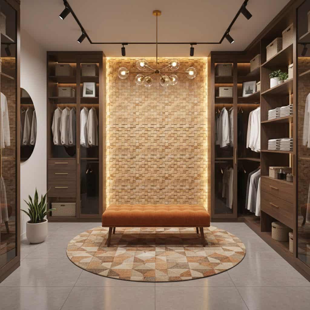 Wooden tile wall with warm lighting, walk-in closet with dark wood shelving, and a central bench.