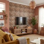 Mother of pearl shell tile wall feature in a cozy living room setting.