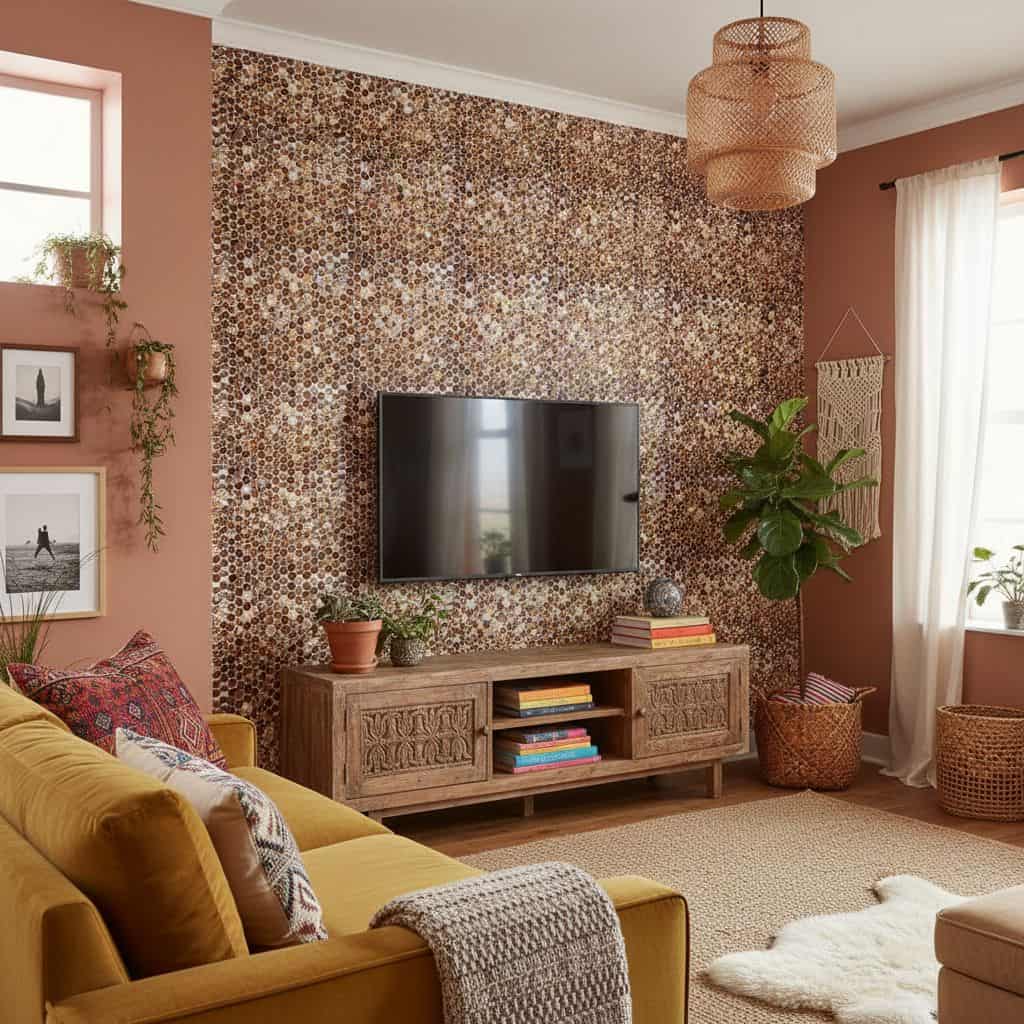 Mother of pearl shell tile wall feature in a cozy living room setting.