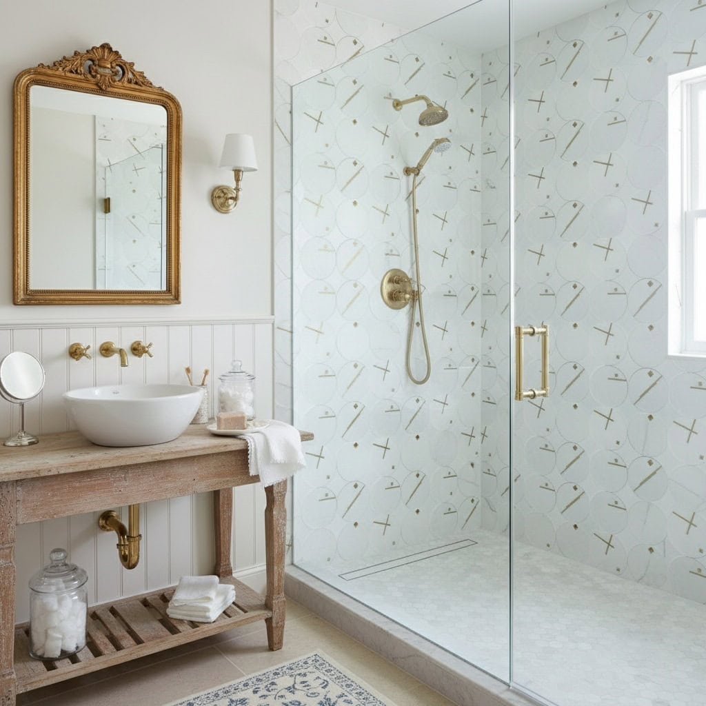Geometric patterned tile, white with gold accents, in a bright bathroom with brass fixtures and a glass shower.