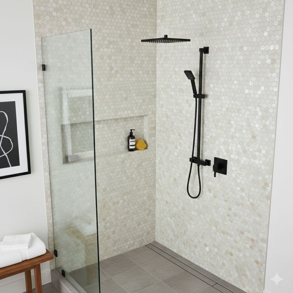 Modern shower with mother of pearl shell tile walls and black fixtures, creating a luxurious and elegant bathroom design.