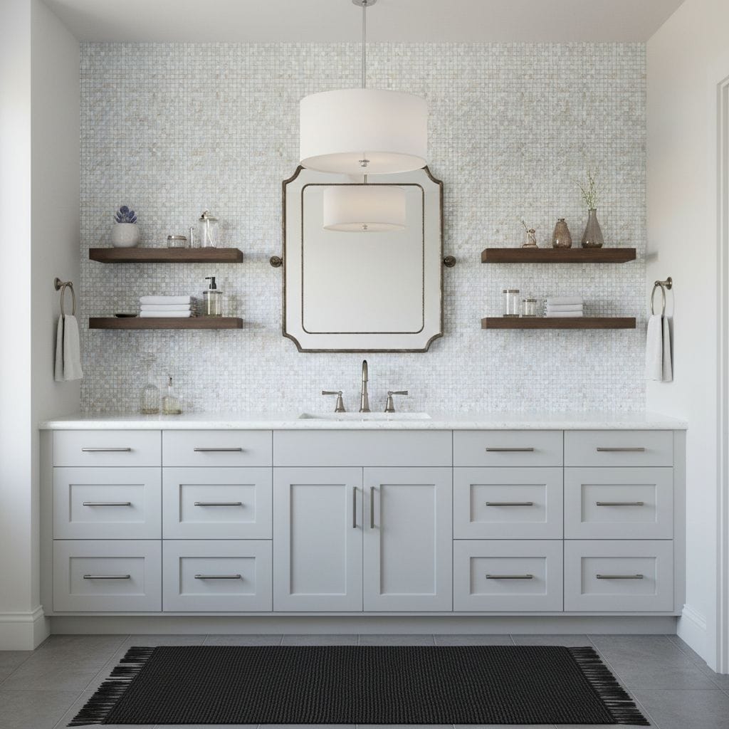 White bathroom vanity with glass tile backsplash and floating shelves, modern and clean design.