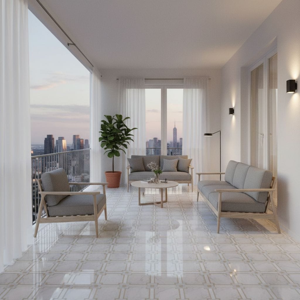 Bright living room with light-colored tiles, large windows, and minimalist furniture.