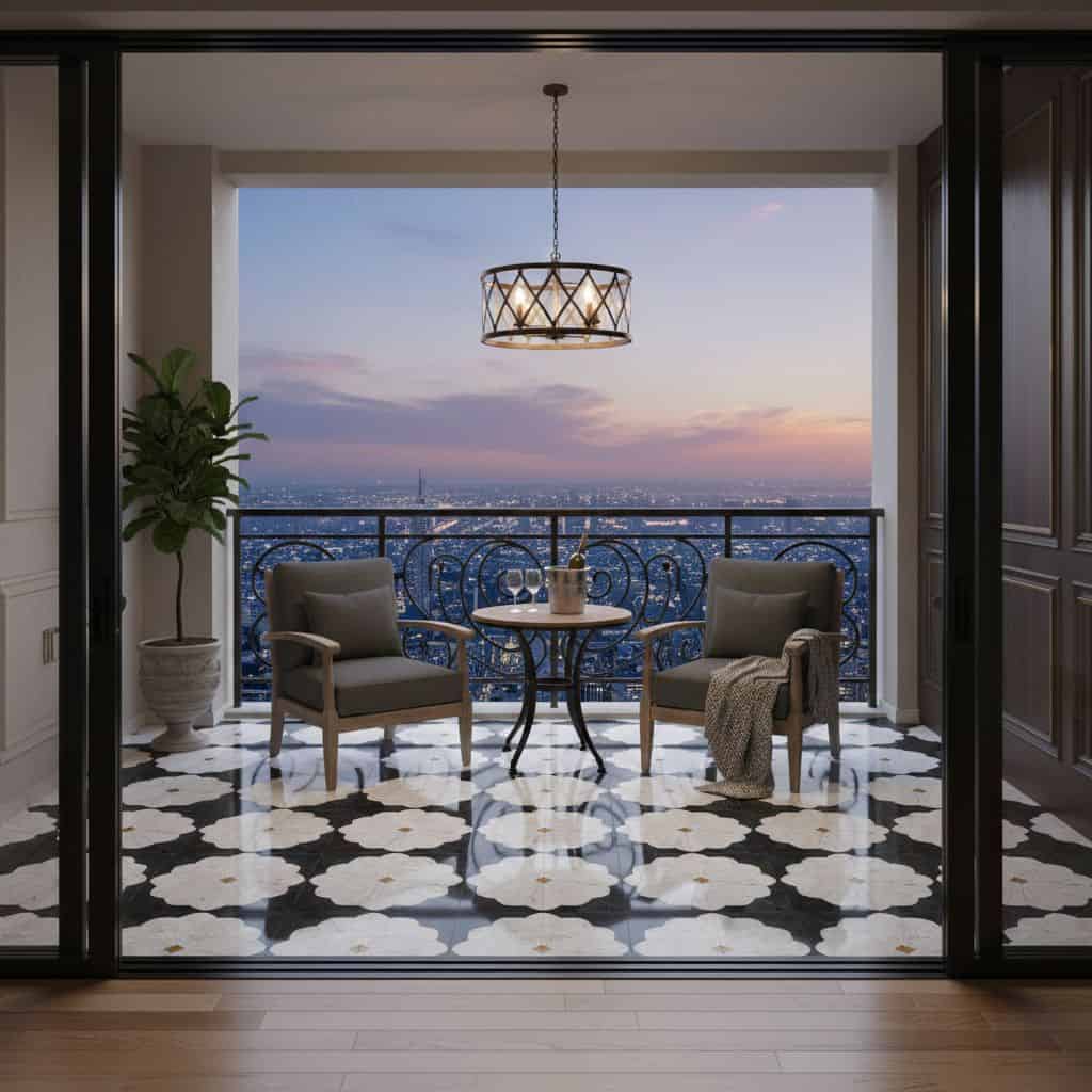 Balcony with elegant black and white patterned tile flooring, two comfortable chairs, a small round table, and a cityscape vi.