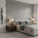 Black and white geometric textured ceramic tiles in a bedroom.