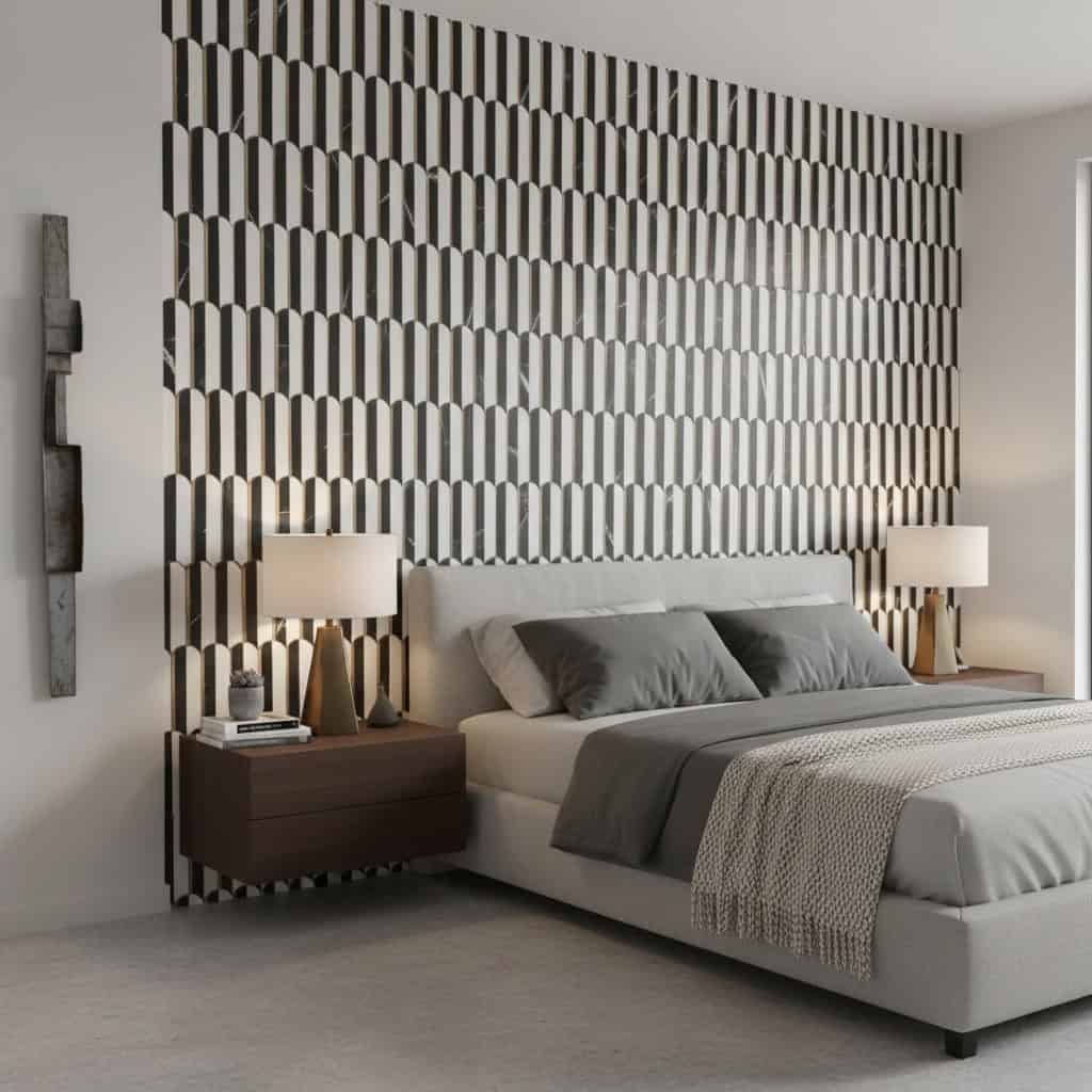 Black and white geometric textured ceramic tiles in a bedroom.