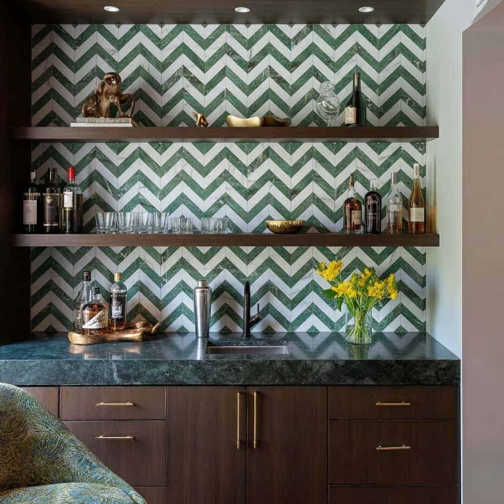 Bright green and white zigzag peel and stick tile backsplash in a modern kitchen.