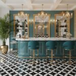 Charming bar interior featuring teal tiles, gold-framed mirrors, and black-and-white patterned flooring. Luxurious and stylis.
