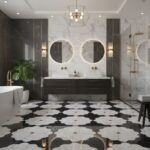Elegant black and white marble tiles with floral patterned floor for a luxurious bathroom look.