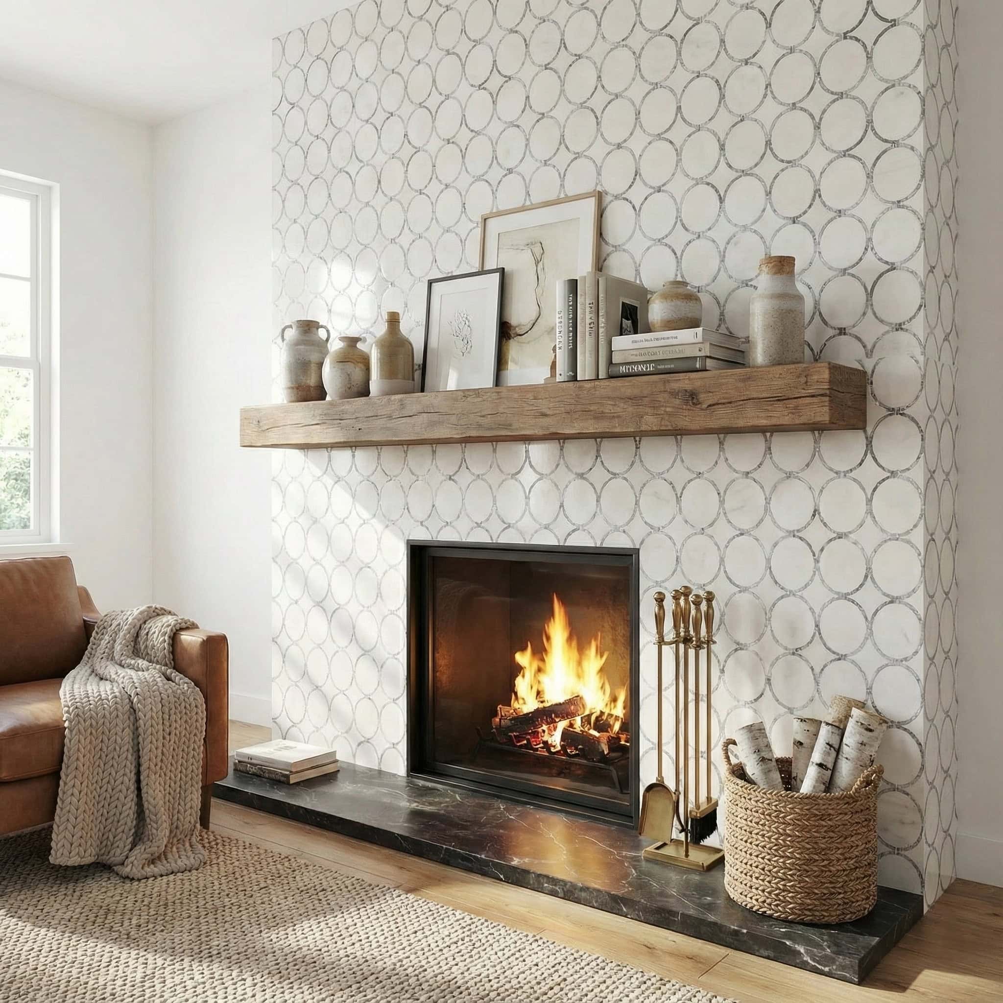 Light beige circular patterned wall tile with a smooth matte finish.